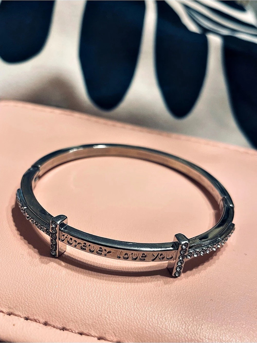 Silver-Tone Rhinestone Bar Bracelet New “Forever Love You”